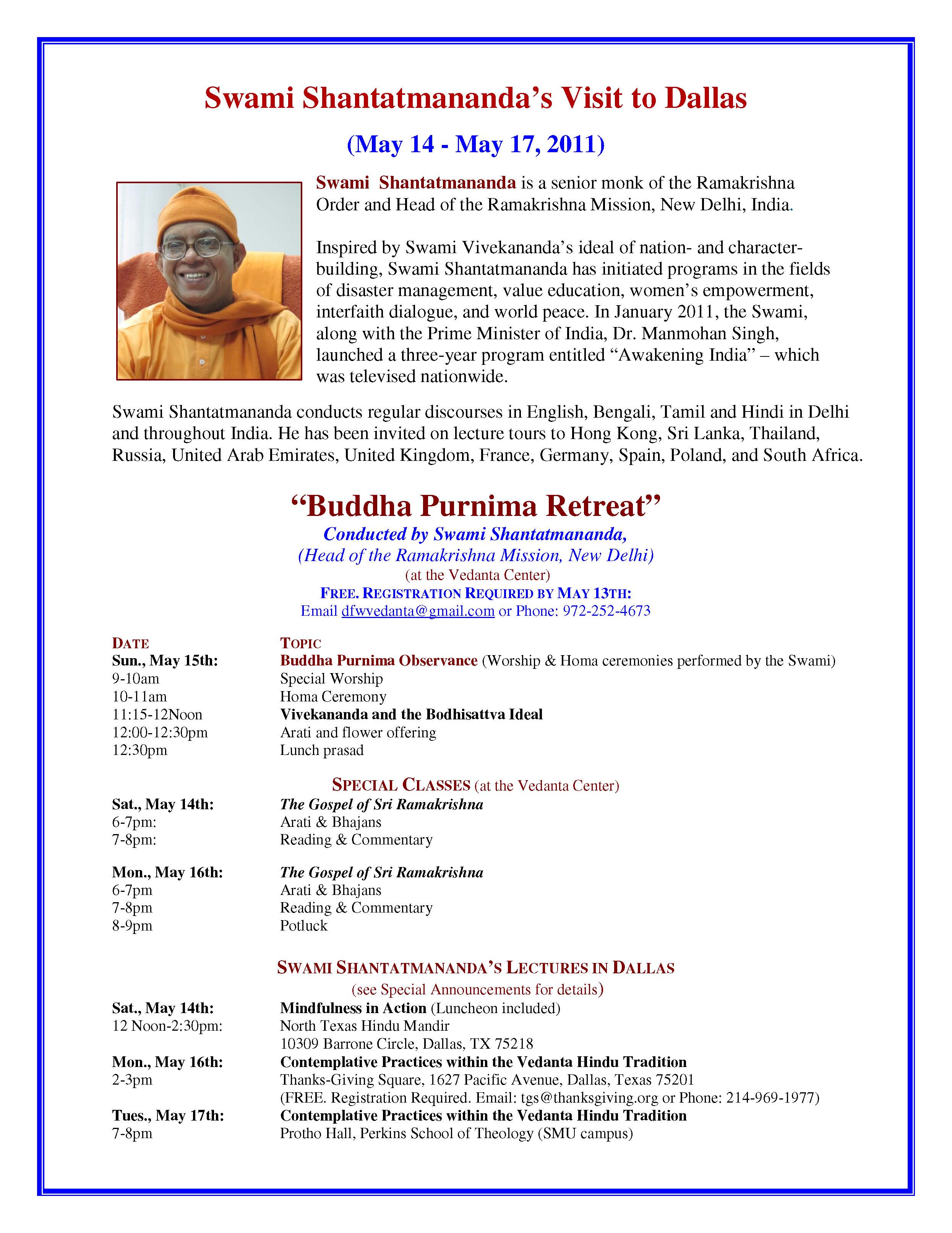 Image of Poster - Swami Shantatmananda Visit to Perkins on May 17, 2011